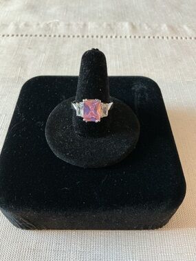 Pink Cubic Zirconia Three Stone Silver Tone Ring